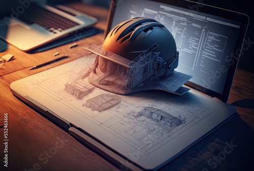 Mockup of an architect's laptop, a planning blueprint, a helmet, and tools on a desk overlay for a future architecture or building design with a double exposure. Generative AI photo