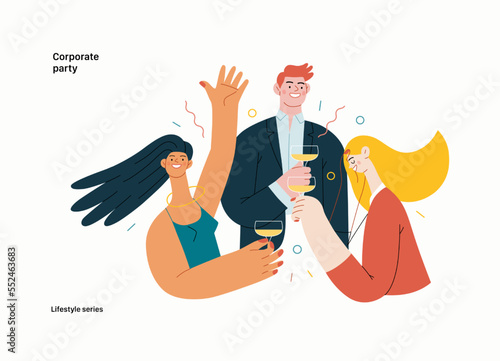 Lifestyle series - Corporate party - modern flat vector illustration of business people entertaining in the office at corporate, drinking champagne. People activities concept