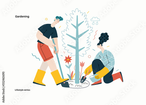 Lifestyle series - Gardening - modern flat vector illustration of a man and a woman digging and fertilizing a tree. Planting and care gardening activity. People activities concept
