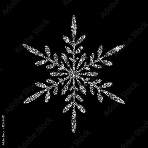 Silver glitter snowflake icon. Luxury vector Christmas, New Year and winter holidays template. Shiny sparkling metal snow symbol on black background. Design for decor, prints, greeting card, website