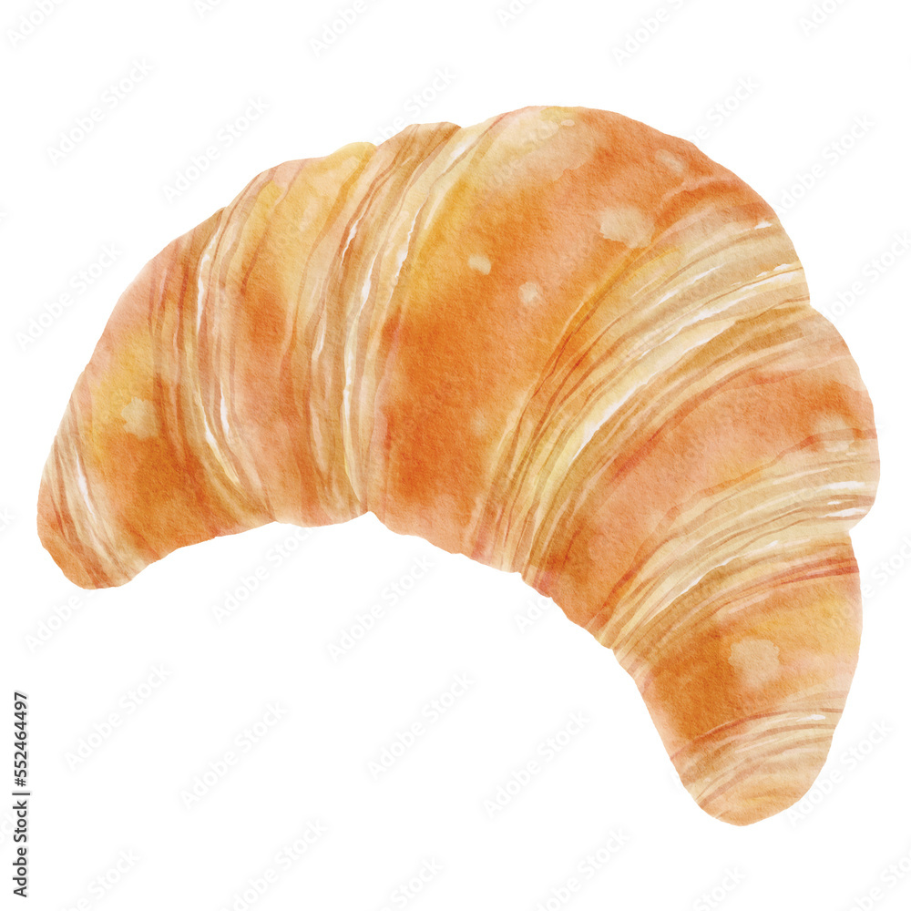 Watercolor  Fresh croissant isolated on transparency background. Hand drawn watercolor object illustration