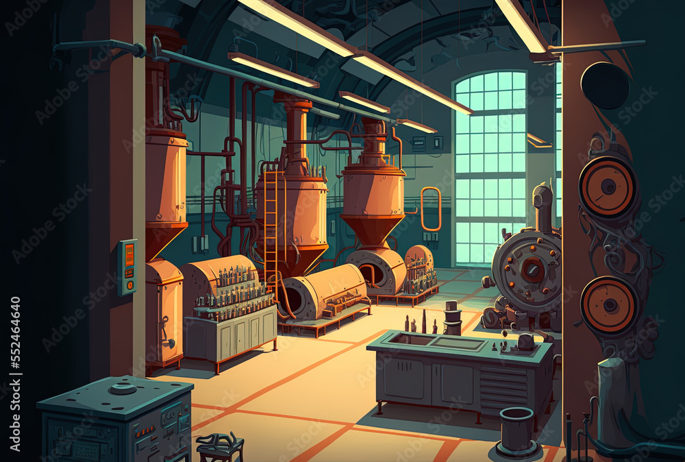 Conceptual interior industrial scenery background and assembly manufacturing engine factory facility. Generative AI
