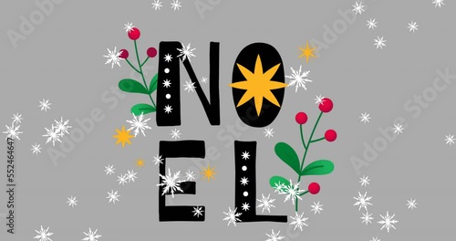 Digital animation of snowflakes falling over neol text against grey background photo