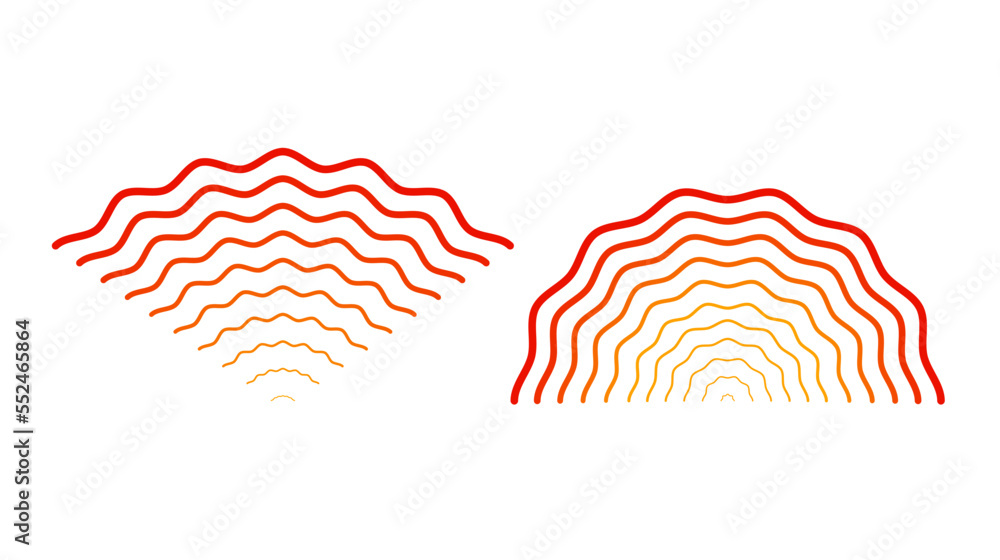 Red rippled wave signals. Sonar or sound wavy lines. Epicentre, target, radar, vibration element concepts. Radio pulsating signal.  - obrazy, fototapety, plakaty 