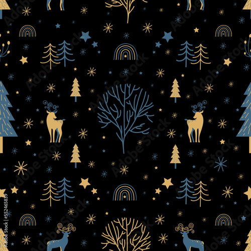 Cute Christmas seamless pattern on the black background. Deers, stars, snowflakes, plants, stars, rainbow. Blue and gold elements. Vector illustration template for christmas wrapping paper, package.