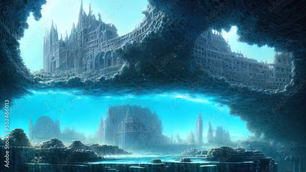 Ancient majestic sunken city of Atlantis civilization. Fantasy city at the bottom of the ocean. AI