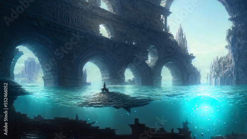 Ancient majestic sunken city of Atlantis civilization. Fantasy city at the bottom of the ocean. AI © Terablete