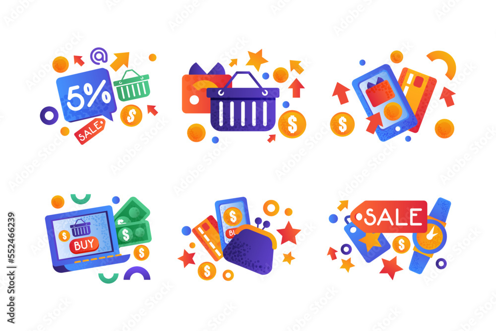 Shopping Flat and Colorful Icon with Basket, Sale Tag, Smartphone, Purse and Laptop Vector Set