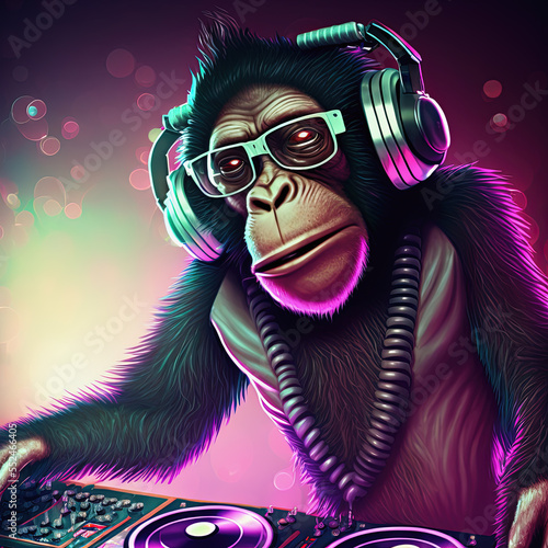 Cool neon party dj monkey in headphones and glasses. Generative AI