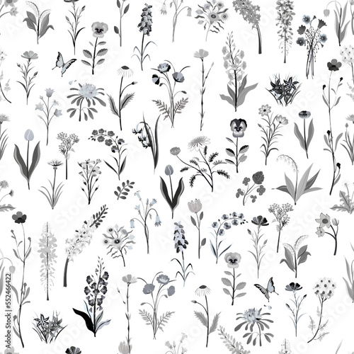Different types of wild flowers. Seamless pattern. Fabric texture.