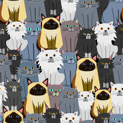 Cats of different breeds. Siamese, British, white, black and grey. Seamless pattern in children's style.