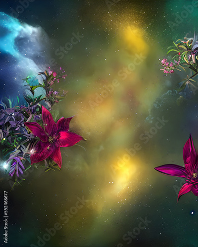 Generative AI illustration of an abstract romantic background with clouds and stars, with beautiful flowers.