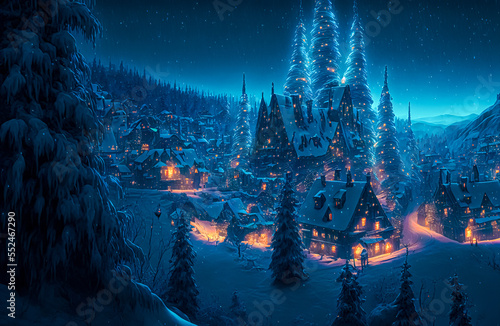Christmas village in vintage style. Winter Village Landscape. Christmas Holidays. digital art