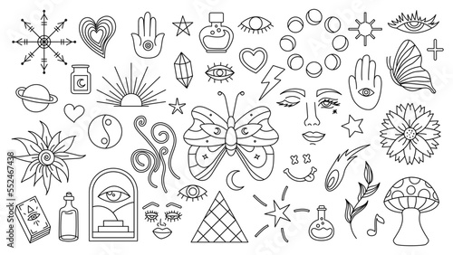 Magic background in retro style with hand drawn elements. Decorative mystical vector isolated pattern. editable stroke stickers. Esoteric element in minimalism. Collection of occult symbols tattoo art