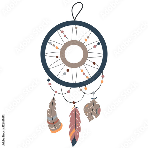 Round dream catcher with detailed feathers. Hand drawn vector illustration. 