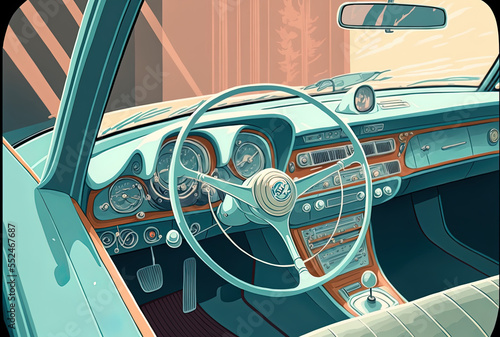 Detail of a light blue car's interior, showing the seats and the steering wheel. Generative AI