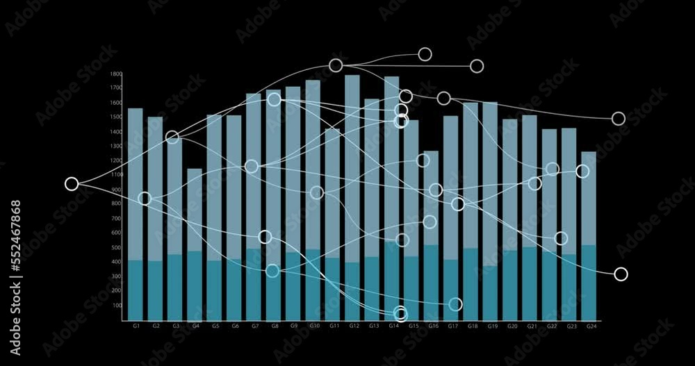 Animation of network of connections over financial data processing on black background Animation of network of connections over financial data processing on black background