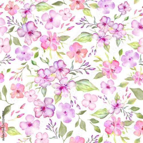 Watercolor seamless pattern with abstract flowers, leaves, branches. Hand drawn floral illustration isolated on white background. For packaging, textile, wrapping design or print.