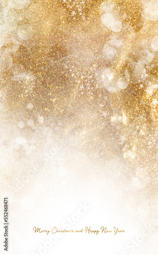 Golden glittering Christmas card. Festive background of shiny shimmering sparkles. Vertical format with copy space for your greetings