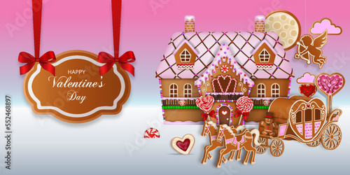 Valentine's day background with gingerbread cookies. gingerbread landscape with heart shaped carriage and house