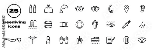 set of freediving icons, diving pictograms, freediver, fins, monofin, dolphin kick, diving mask, diving course, indoor freediving, outdoor freediving, buoy, wetsuit, diving computer, boat and more	 photo
