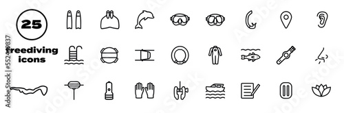 set of freediving icons, diving pictograms, freediver, fins, monofin, dolphin kick, diving mask, diving course, indoor freediving, outdoor freediving, buoy, wetsuit, diving computer, boat and more	