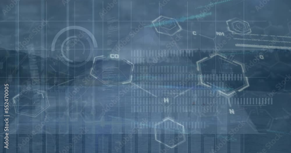 Animation of chemical formula and data processing over landscape Animation of chemical formula and data processing over landscape