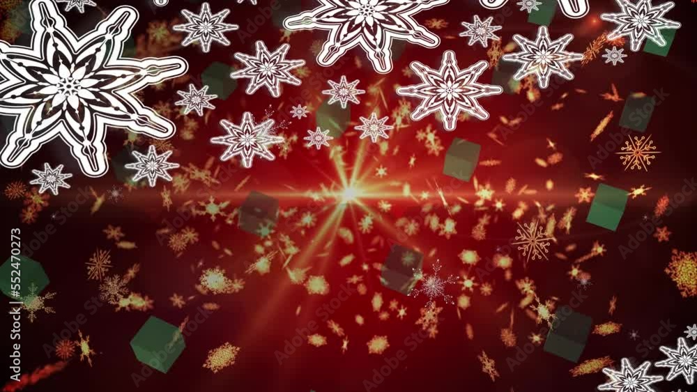 Animation of illuminated light beam and moving snowflakes and christmas gift boxes Animation of illuminated light beam and moving snowflakes and christmas gift boxes