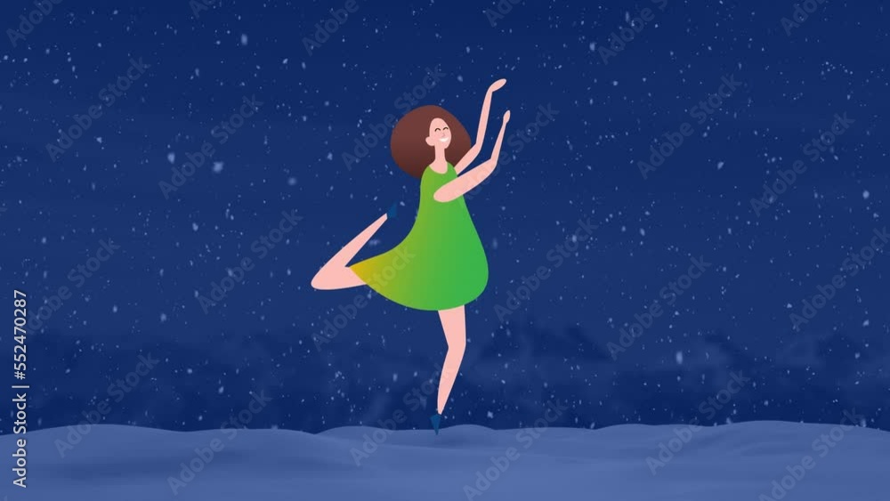 Animation of vector woman dancing on snow covered land against blue sky during snowfall