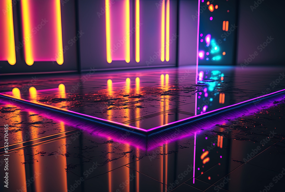 floor reflection of blazing neon lighting for a future high end product or technology. Generative AI