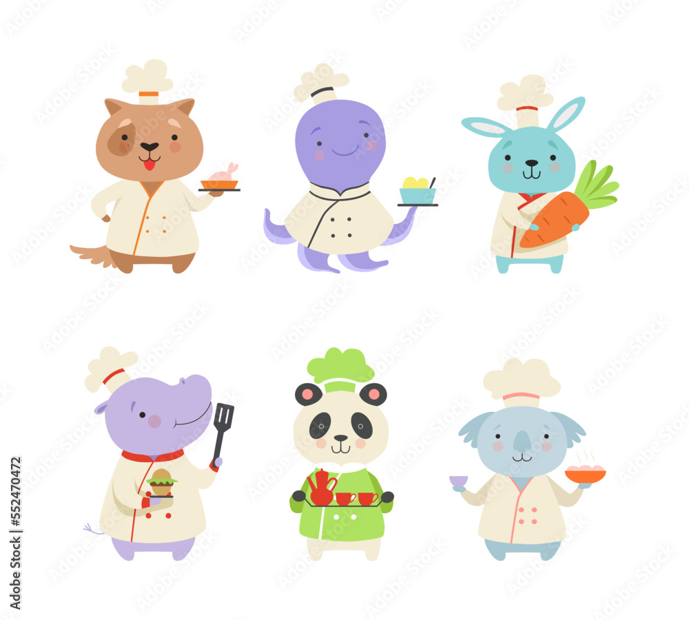 Cute Animals in Chef Uniform Cooking Delicious Dishes Vector Set