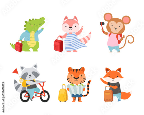 Cute Animals Tourist or Travellers with Trunk, Camera and Backpack Hiking Vector Set