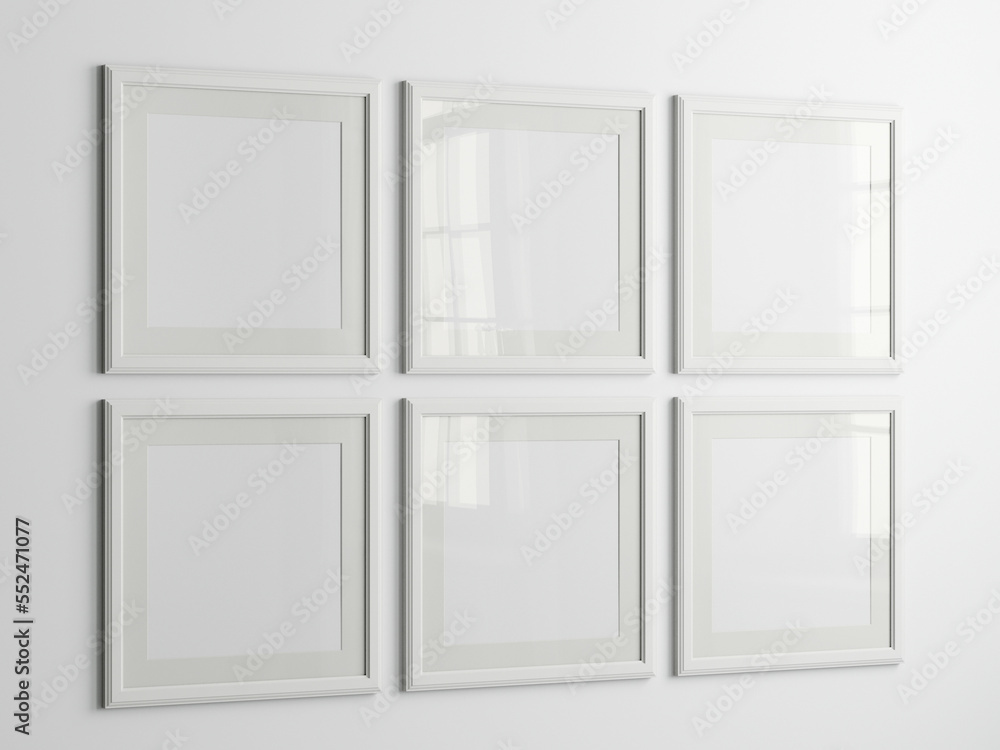 Gallery wall mockup, square white frames on the wall, minimalist frame mockup, 3d render Gallery wall mockup, square white frames on the wall, minimalist frame mockup, 3d render