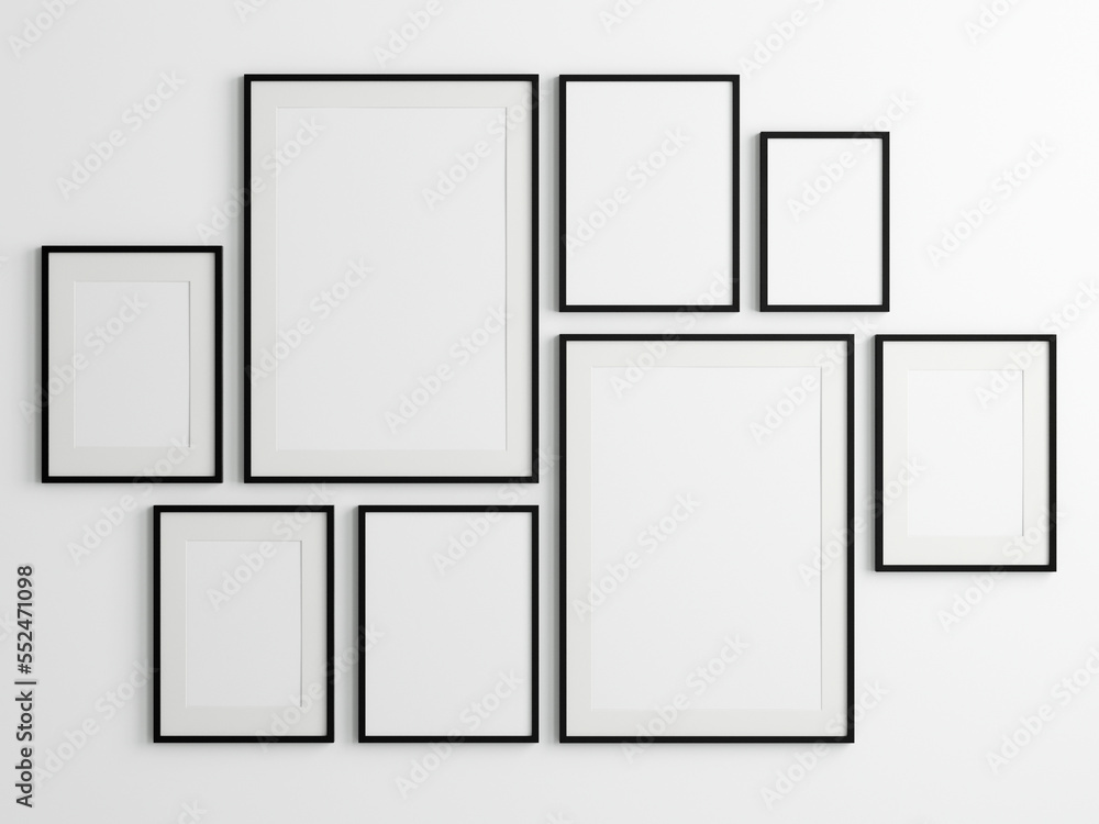 Gallery wall mockup, Black frames on the wall, minimalist frame mockup, 3d render Gallery wall mockup, Black frames on the wall, minimalist frame mockup, 3d render