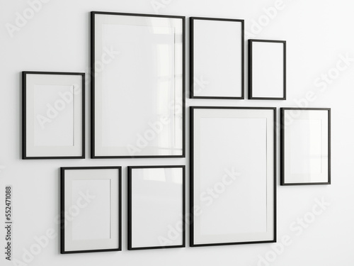 Gallery wall mockup, Black frames on the wall, minimalist frame mockup, 3d render