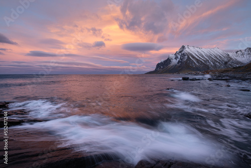 Noon Sunrise/Sunset over coastal landscape, Lofoten Islands, Norway