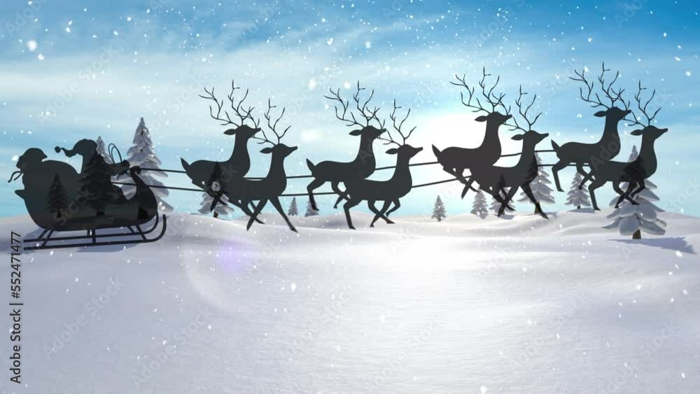 Animation of father christmas in sleigh silhouette flying over snowy winter scenery Animation of father christmas in sleigh silhouette flying over snowy winter scenery