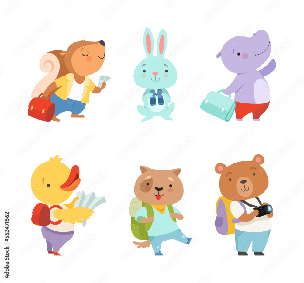 Cute Animals Tourist or Travellers with Camera and Backpack Hiking Vector Set Cute Animals Tourist or Travellers with Camera and Backpack Hiking Vector Set