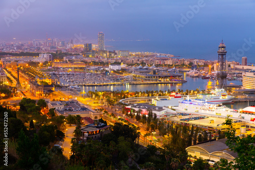 Aerial panoramic view of modern Barcelona cityscape on Mediterranean coast with seaport on spring evening, Spain.