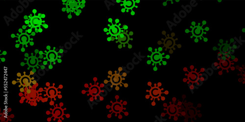 Dark green, red vector background with covid-19 symbols.