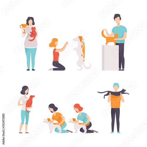 People Pet Owners Presenting their Purebred Cat and Dog at Breeds Show Vector Set