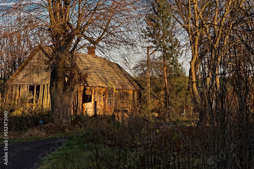 Wiejski dom z drewna stojący przy drodze . Dom opuszczony i zniszczony . Droga biegnąca przez wieś leżącą w środku lasu . Polska złota jesień o zachodzie słońca .