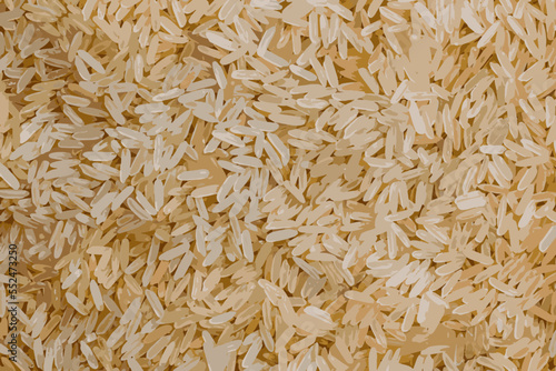 Realistic vector illustration of long grain parboiled uncooked rice background. Rice groats as background and texture.
