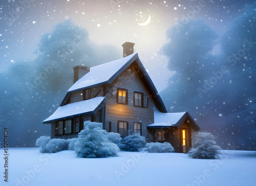 farmhouse house in the snow at night with a crescent moon and falling snowflakes