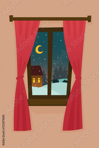 Window with night winter landscape outside in flat style. House snowfall and trees. View from the house to nature in the winter season