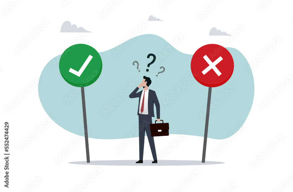 Man making a decision, yes or no choice symbol, businessman having dilemma and uncertain situation Man making a decision, yes or no choice symbol, businessman having dilemma and uncertain situation