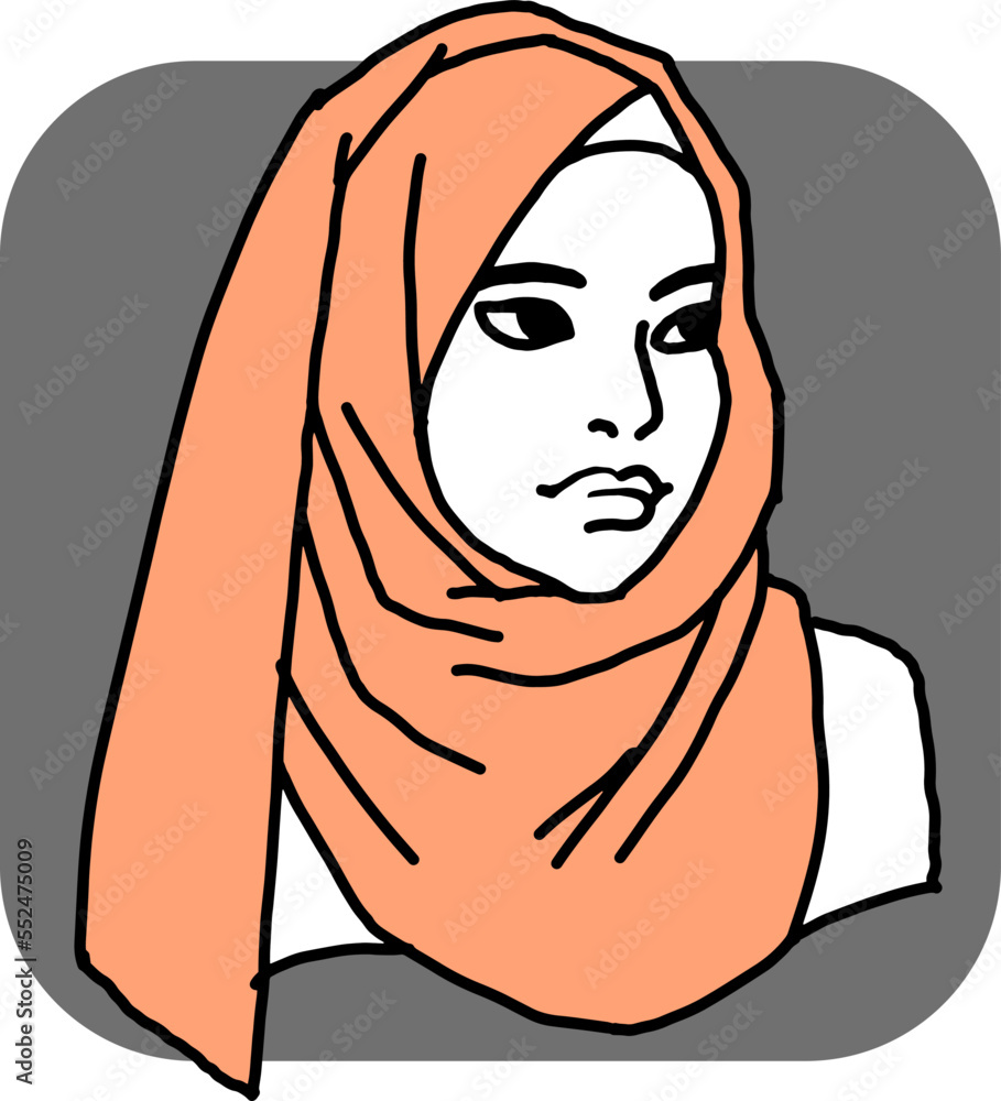 Young Arab woman with beautiful face in traditional fashion hijab head wear scarf. 1001 night style. Hand drawn isolated vector illustration. Simple silhouette line drawing. Young Arab woman with beautiful face in traditional fashion hijab head wear scarf. 1001 night style. Hand drawn isolated vector illustration. Simple silhouette line drawing.