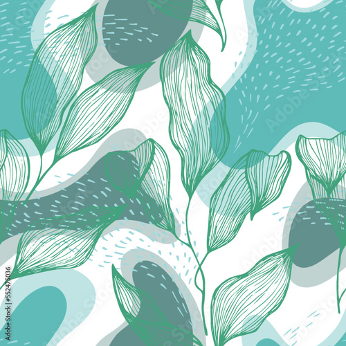 Sketch style doodle line texture leaves over stains and dots seamless vector ...