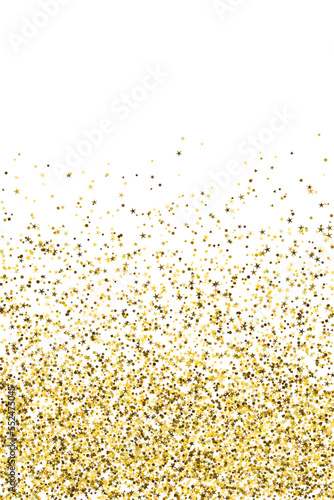 Sparkling gold confetti dust scatter pattern. Triangle square circle star elements noise. Banner template. Luxury crumb granules grain confetti. Birthday decoration stardust splash