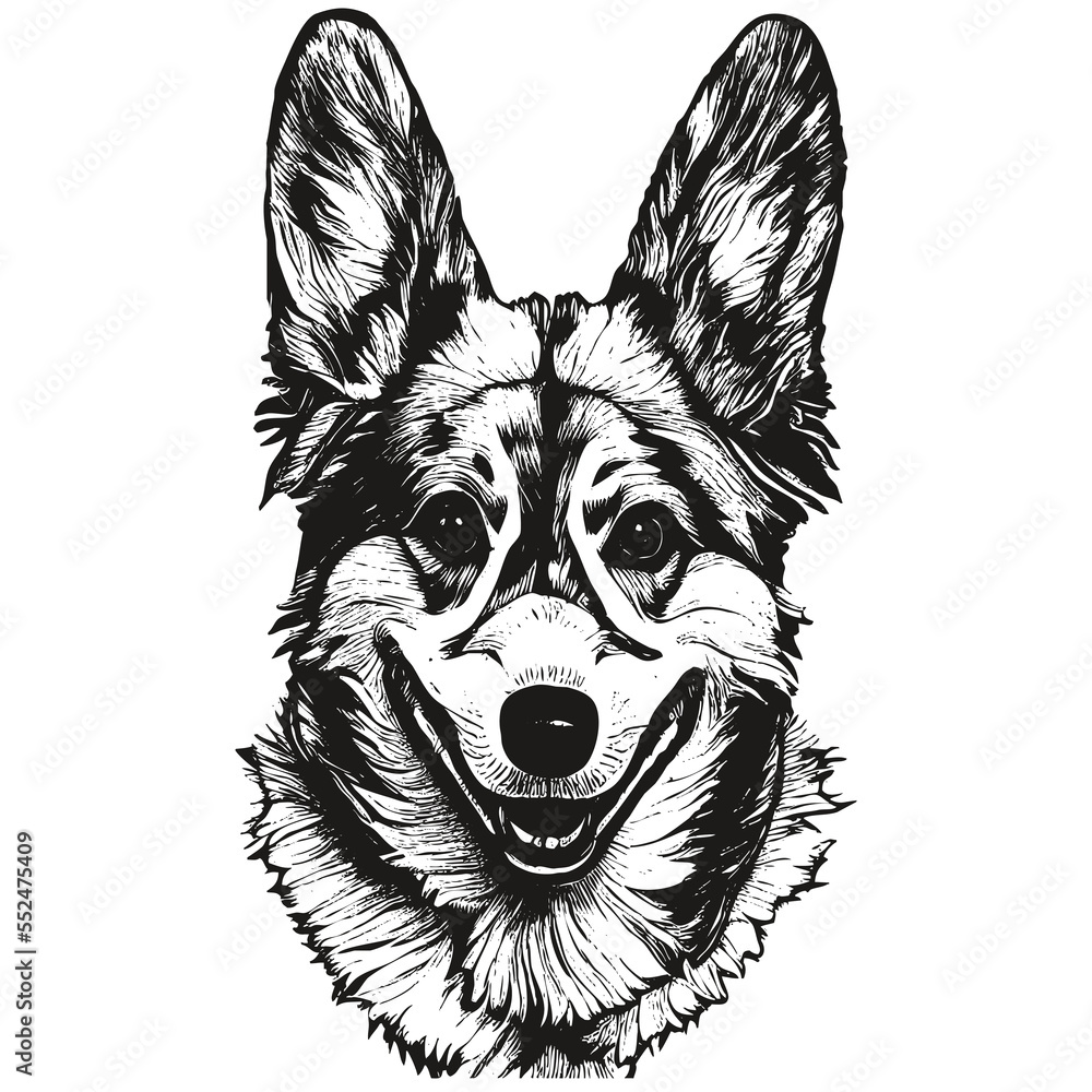 Corgi cartoon face picture, hand drawn vector portrait ,black and white drawing of dog